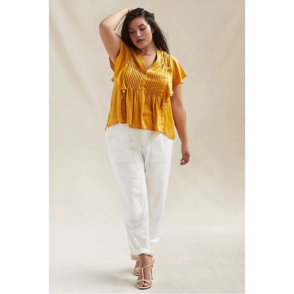 ANTHROPOLOGIE Pleated Ruffled Pintucked Blouse Silky V-neck Top Mango Size M NWT - Picture 3 of 8